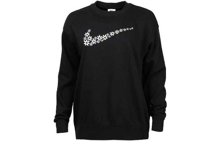Nike Women ss Floral Logo Print Fleece Crewneck Pullover Sweatshirt Black DM6310-010 L