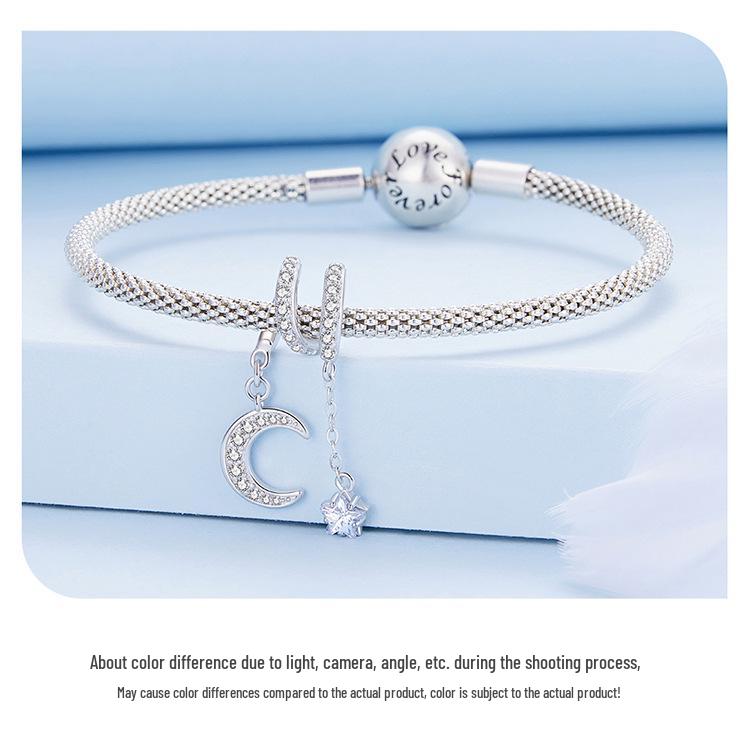 Avle S925 Sterling Silver Moonlight Bracelet with Platinum-Plated Star and Moon Beads