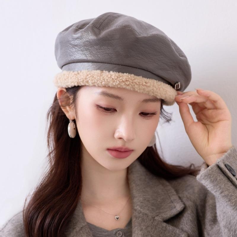 Winter neue Leder Baskenmütze Damen Lammleder grobe Kante High-End Temperament vielseitig Gesicht kleines Malerhut