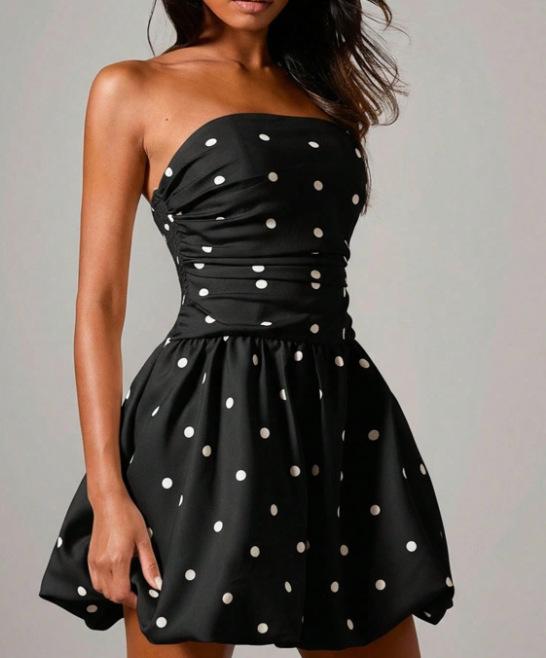 Women's Sleeveless Mini Dress Strapless High Waist Elegant Polka Dot Dress