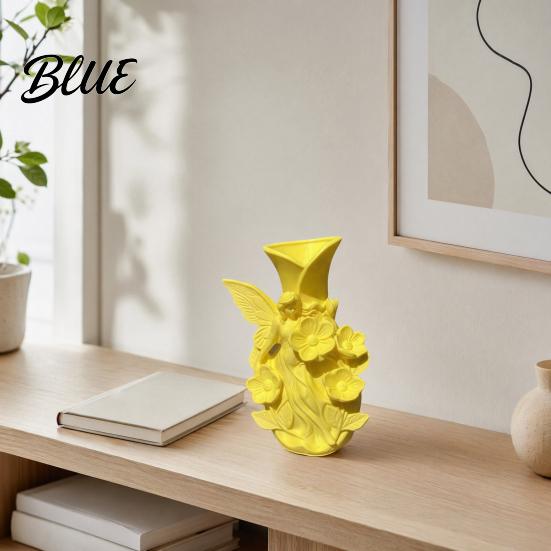 Nordic Style Vase 3D Printed Fairy Garden Sculpture Vase, Fantasy Flower Pot with Cream Yellow Statue, Dual-Use Holder for Desktop Entryway & Creative