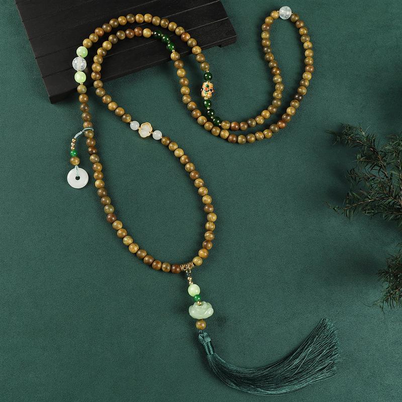 Glazed Beaded Messenger Chain High-end Long Green Sandalwood Fringed Necklace Sweater Chain Accessories Women