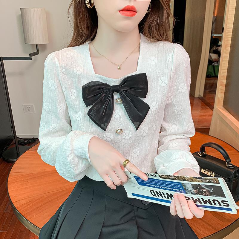 Spring and Autumn Women's Collar Bow Slimming Long Sleeved Shirt Loose Fitting Pullover Top