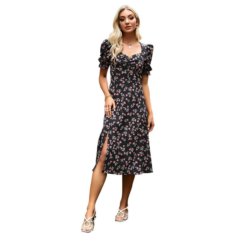 Summer retro pastoral floral dress v-neck bubble sleeve dress