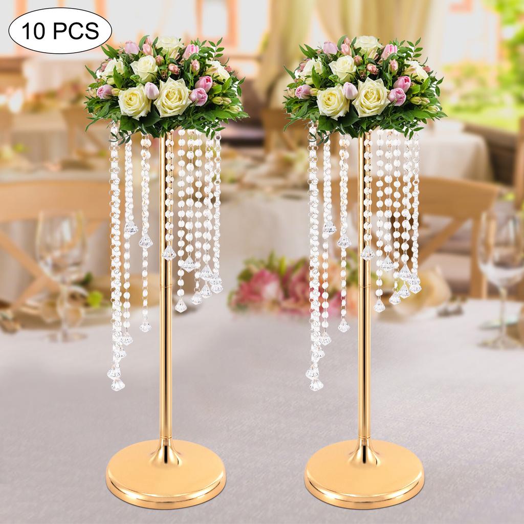10 Pcs 27.5inch Tall Crystal Look Flower Stands, Elegant Gold Metal Table Centerpieces for Weddings & Party Decor, Bulk Vase Set