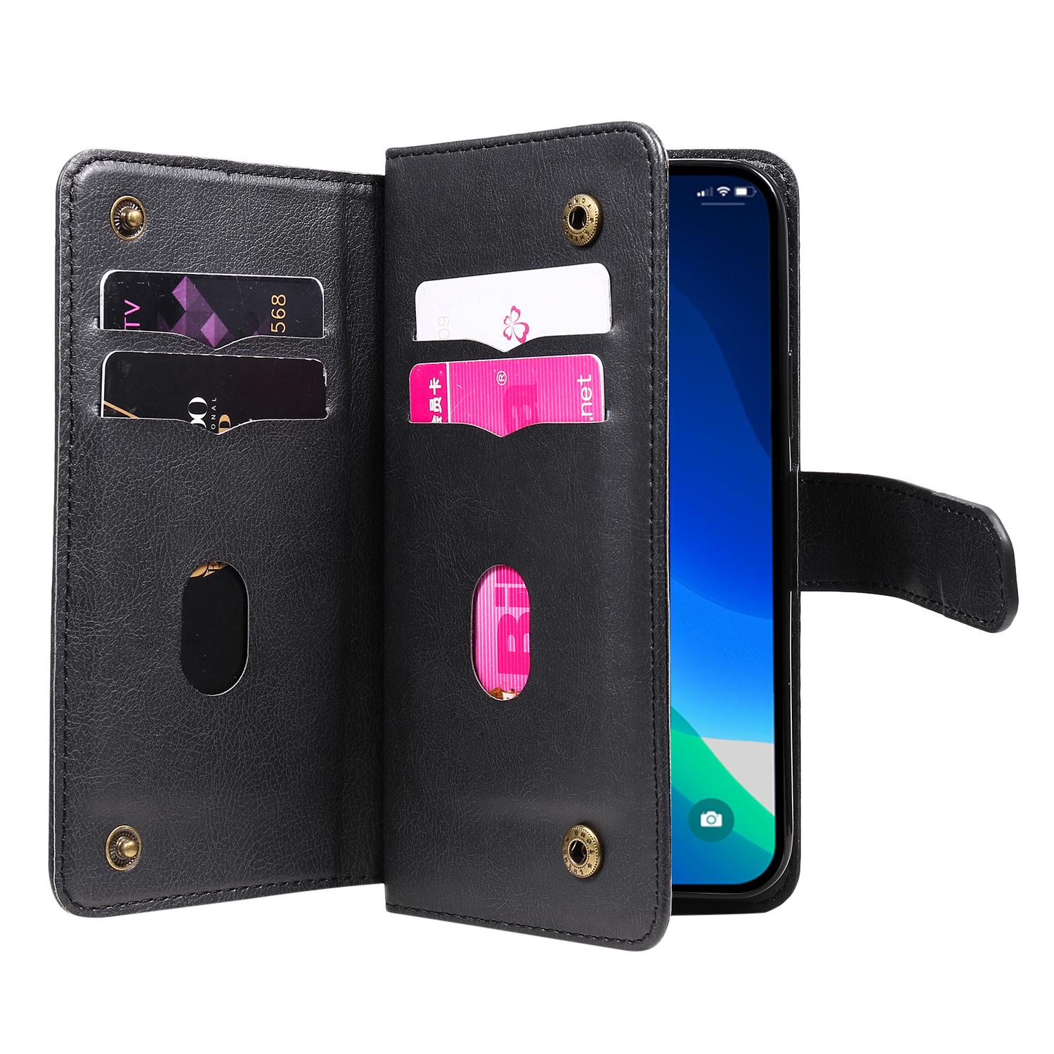 

For iPhone 15 Pro Leather Case with 10 Card Holder Phone Cover Stand Black