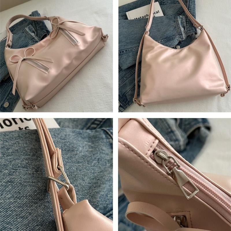Fashion Bow Design Women's Shoulder Hobos Bags Casual Soft Pu Ladies Backpack Handbags Simple Solid Color Girls Underarm Tote