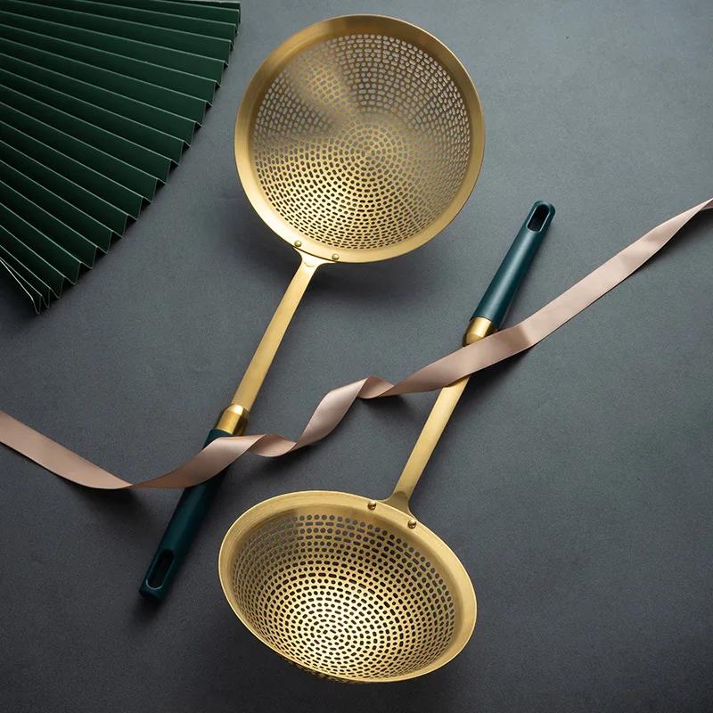 1PCS 304 Stainless Steel Large Colander with Green handle Frying Oil Leaking Hot Pot Noodle Mesh Drain Scoop Kitchen Tools