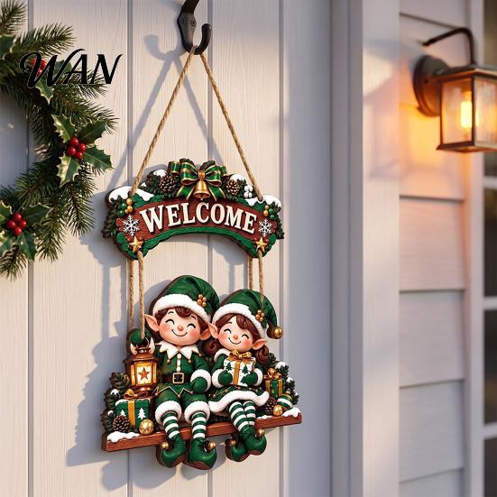 Festive Room Decoration for Holiday Wooden Christmas Welcome Sign, Front Door Hanging Rustic Gift Friends And Family Wall Decor with Elk/Santa