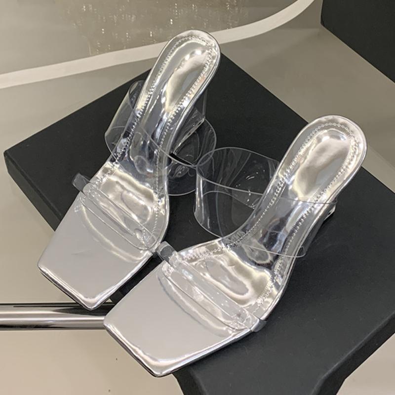 Fashion Liyke PVC Transparent Slippers For Women Summer Fashion Square Toe Clear Perspex Wedges Shoes High Heels Sandal Female Mules