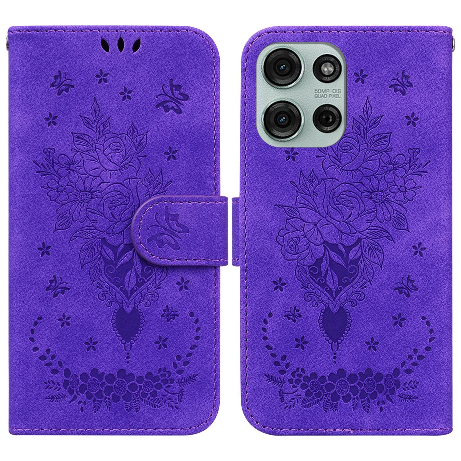 

For Motorola Moto G75 5G Case PU Leather Wallet Phone Cover Butterfly Flower Imprint Purple