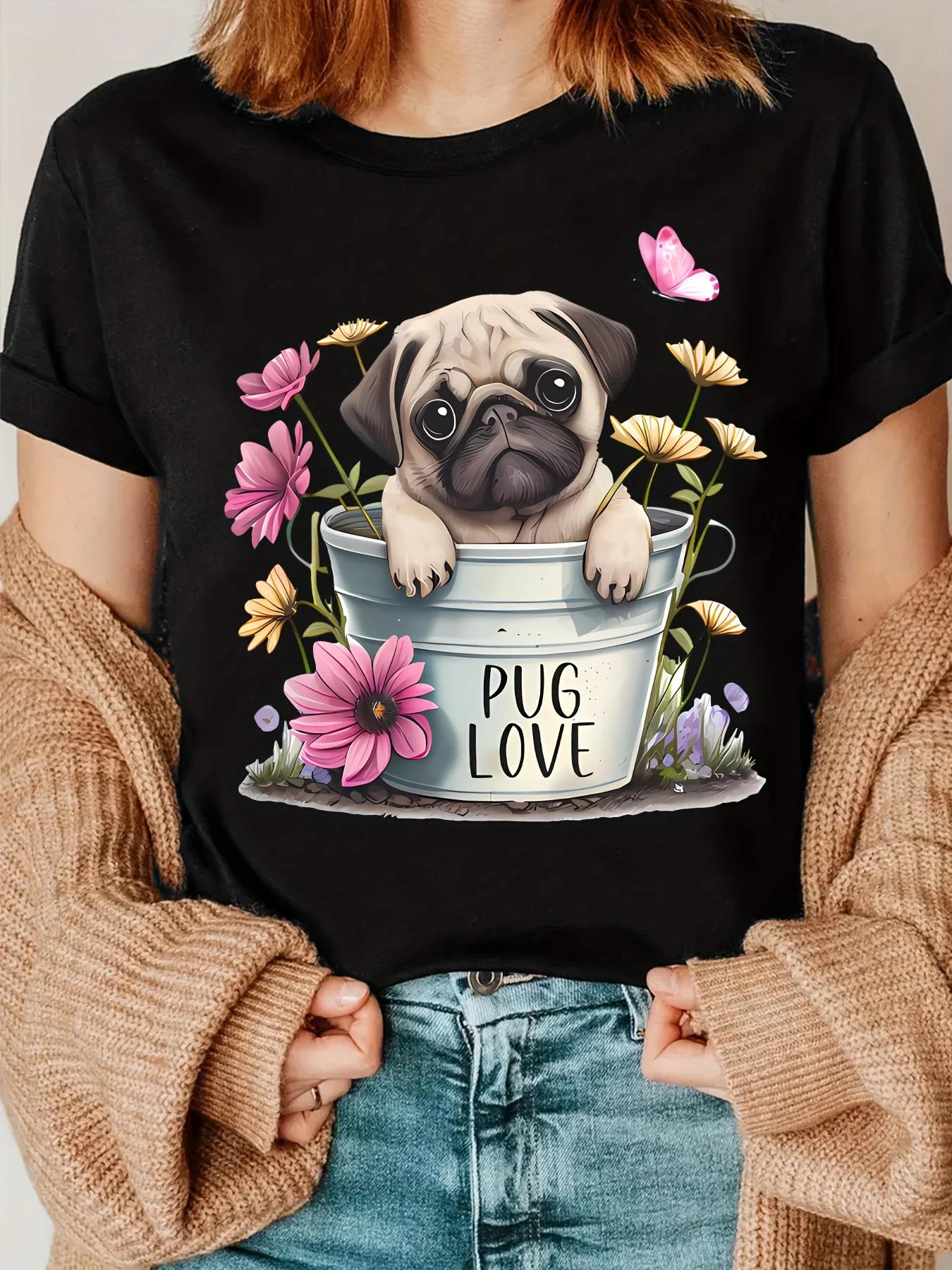 Cute Pug and Floral Fun Print TShirt A Shirt for Pug Enthusiasts Womens Harajuku  Sleeve Tshirt Clothing Street Clothes S