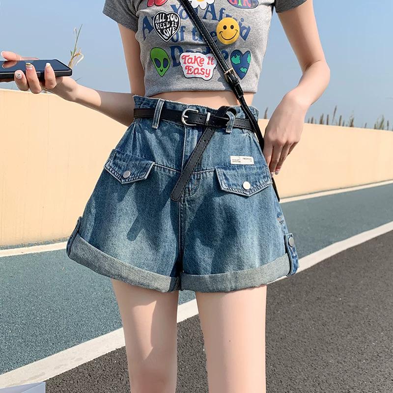 Summer Women Shorts Pants Lady High Waisted Loose High Street Denim Pants Female Streetwear Black Gray Wide Leg Short Jeans