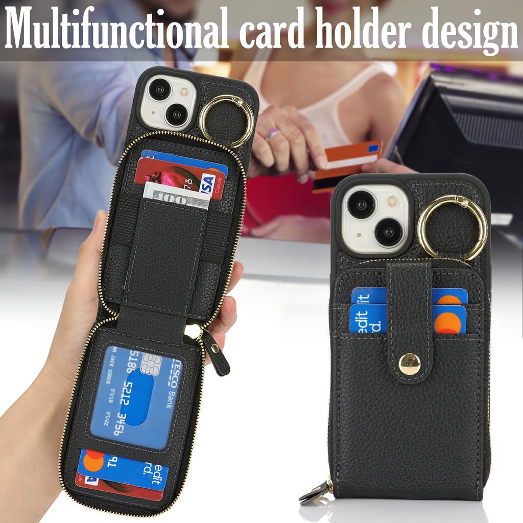 For iPhone 15 Case with Zipper Pouch/Ring Kickstand/Strap Litchi Texture PU+TPU Phone Cover