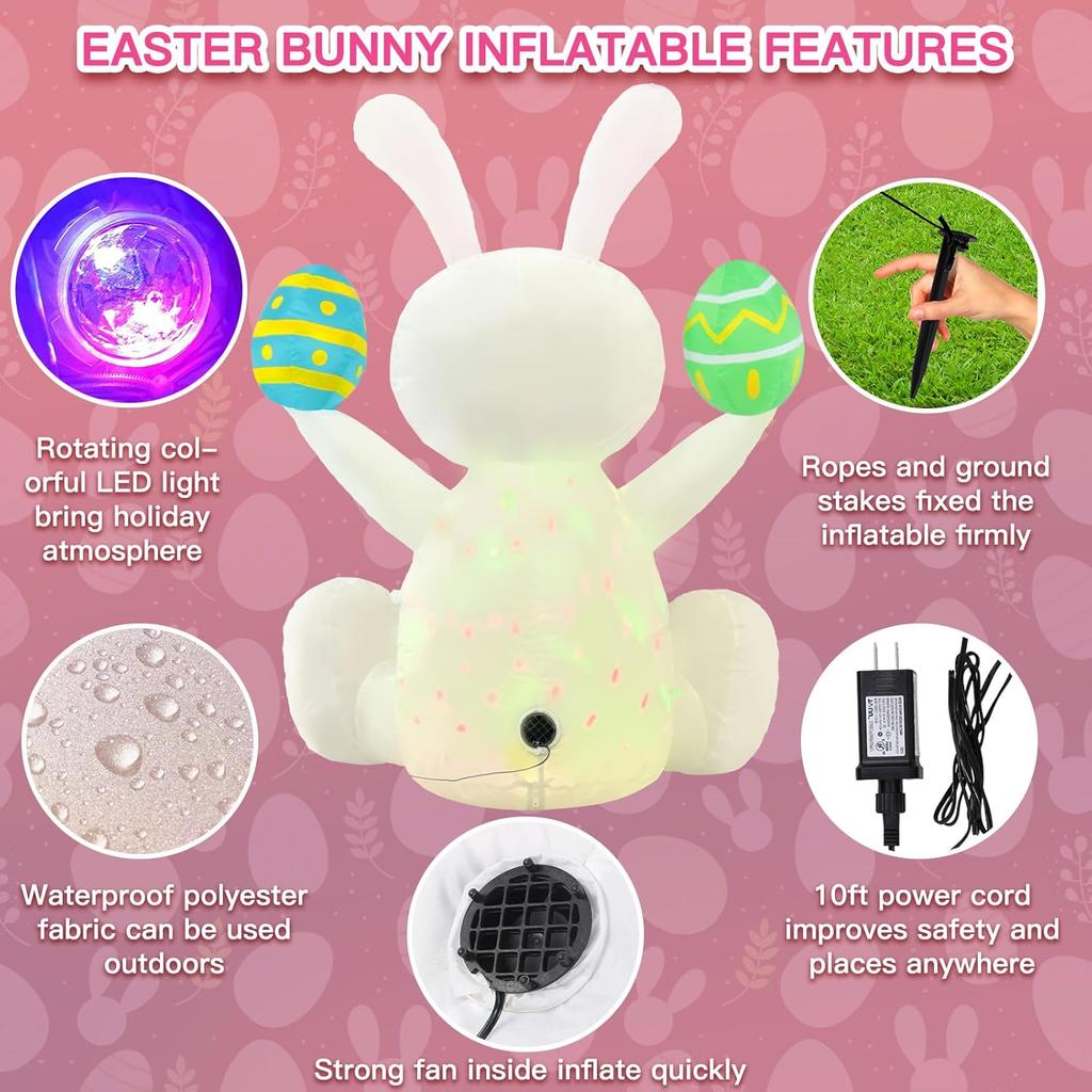 Easter Inflatables Outdoor Decorations 4ft Cute Inflatable Bunny Hold Eggs Blow Up Yard with LED Lighted Colorful Happy Rabbit Blow Ups for Outside