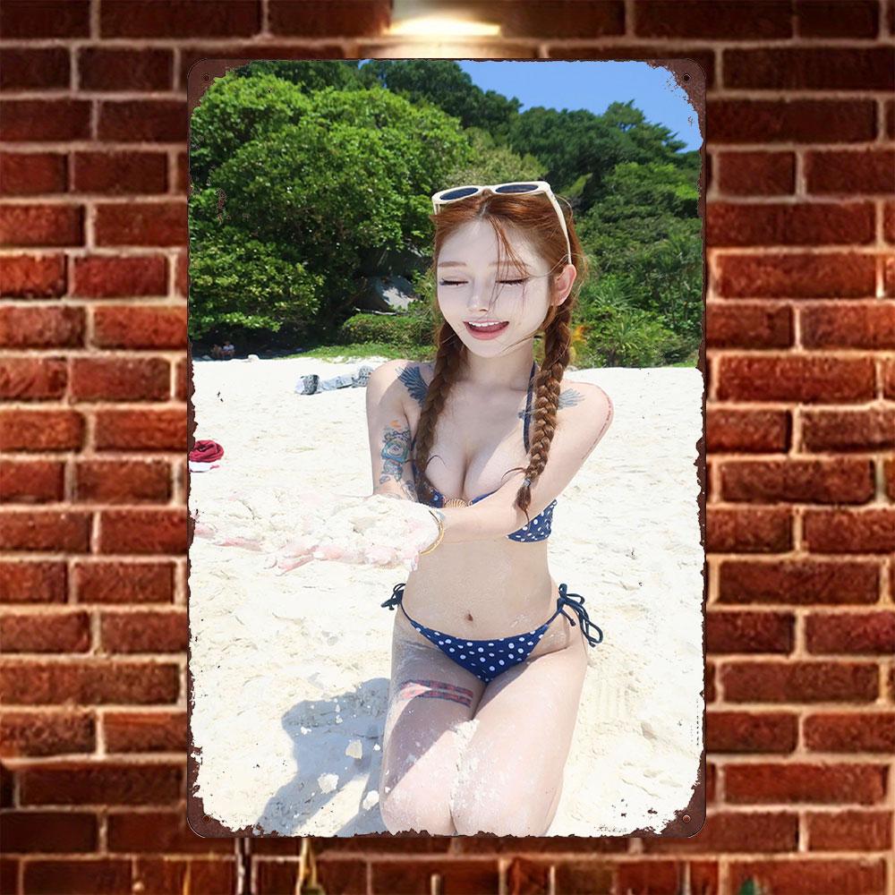 HD Tin Sign Vintage Asian Girl in Blue Polka Dot Bikini on Beach Metal Wall Art Retro Decor for Home Bar Cafe