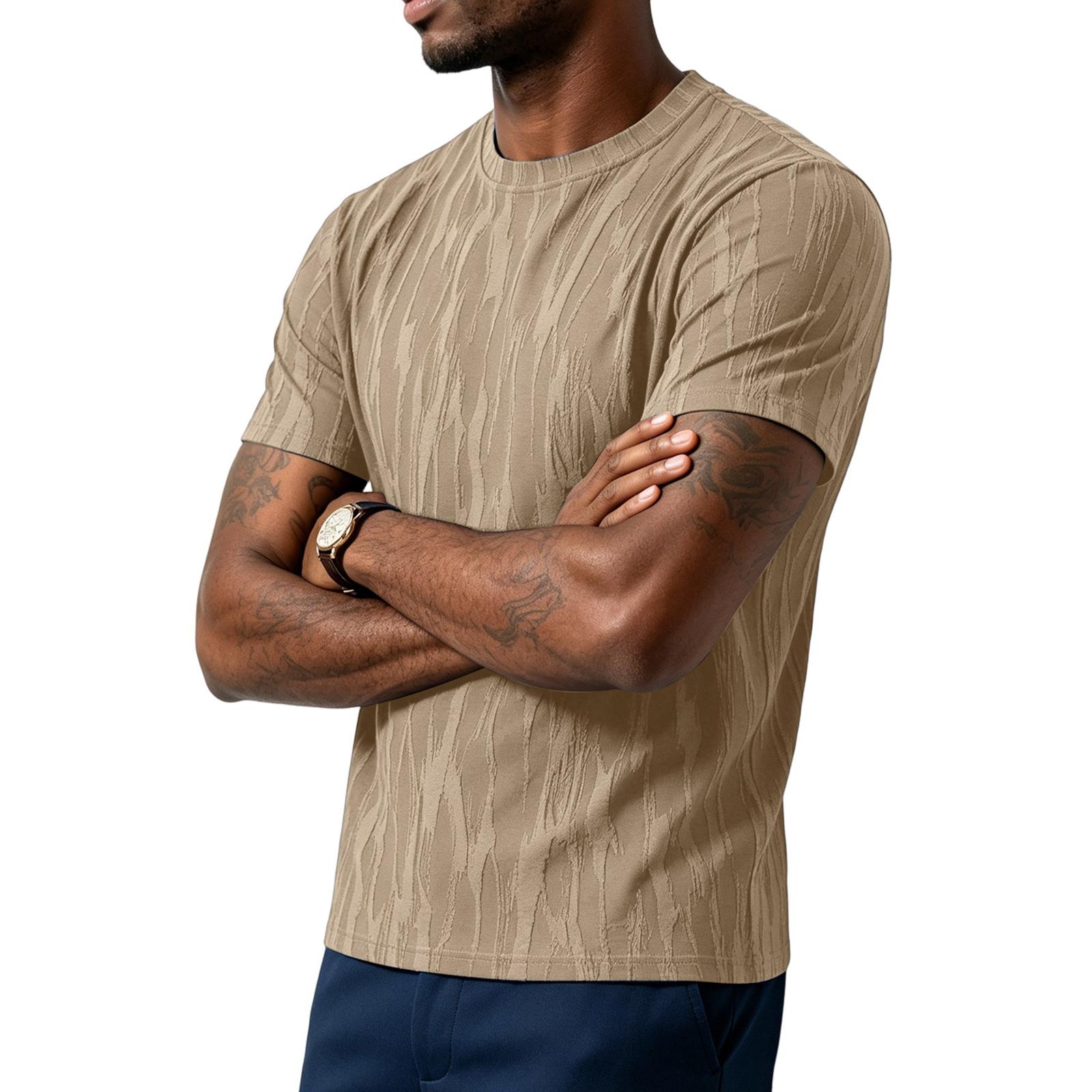 Men s Short Sleeve Crew Neck Knit T Shirt with Subtle Pattern Lightweight Breathable Casual Fit Top for Daily Wear S хаки