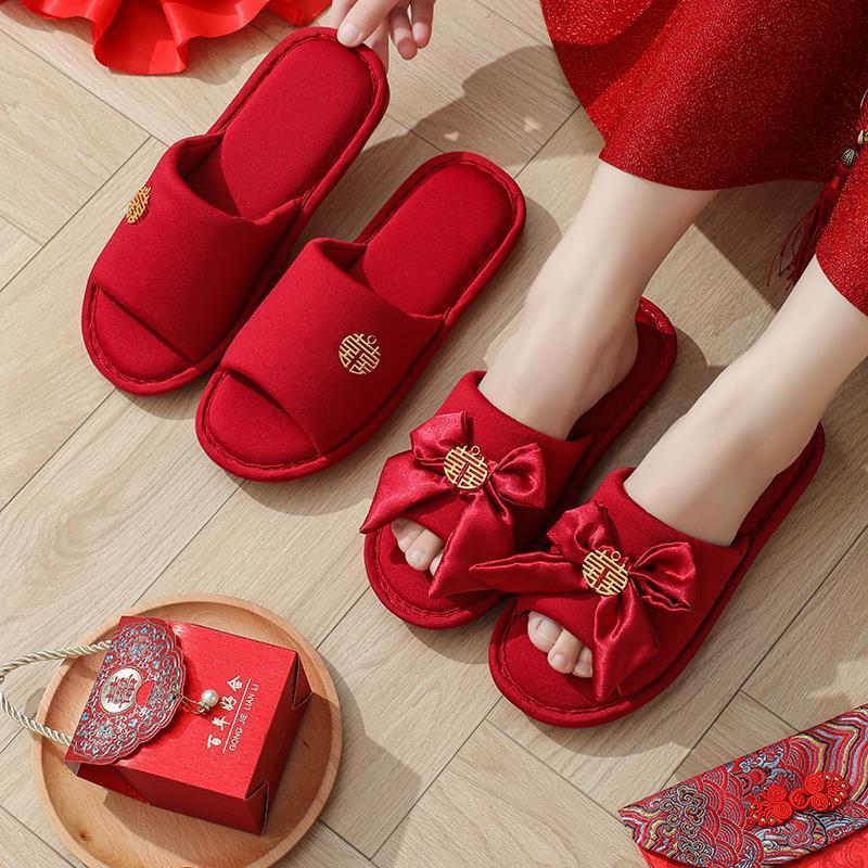 

Wedding slippers summer red slippers couple festive wedding bride dowry wedding shoes a pair of spring and autumn indoor non-slip Shoe Size: Female 40-41 + Male 46-47