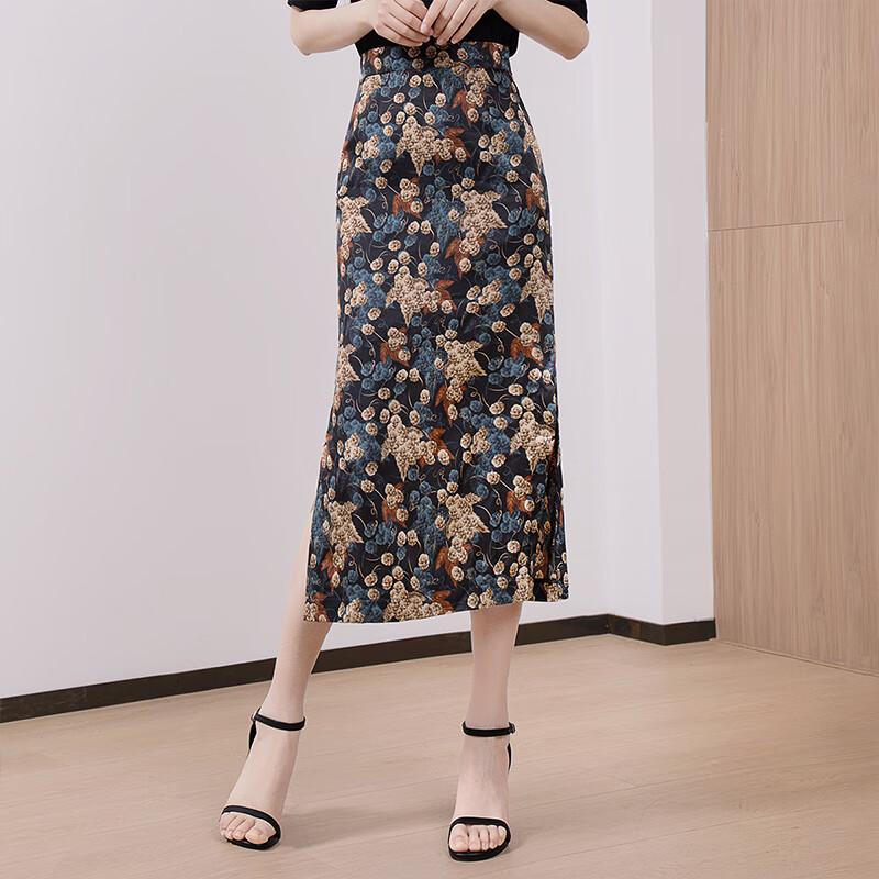 Women s Retro Floral High-Waist A-Line Midi Skirt with Slit L