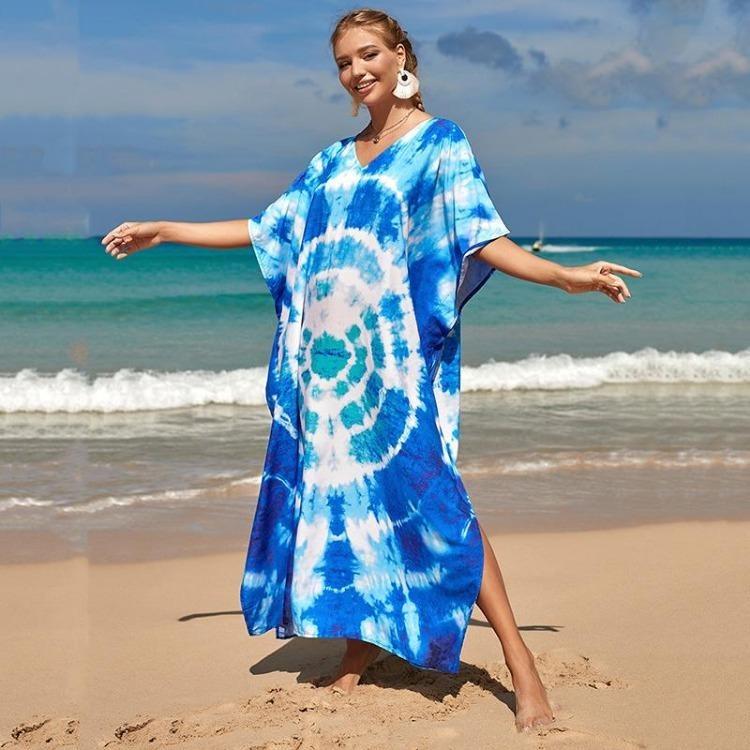 Colorful Printed Boho Beach Kaftan Dress Women Plus Size Maxi Summer Cover Up Rayon Bathing Suit