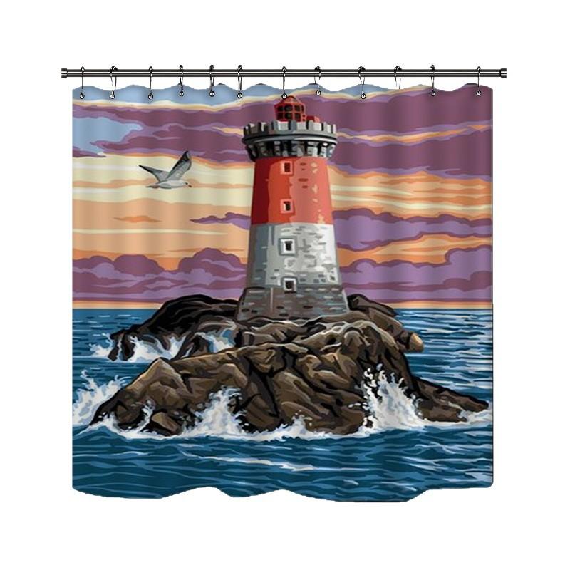 Shower Curtain Digital Printing Shower Curtain Lighthouse Landscape Polyester Bathroom Partition Curtain Bathroom Four-Piece Set