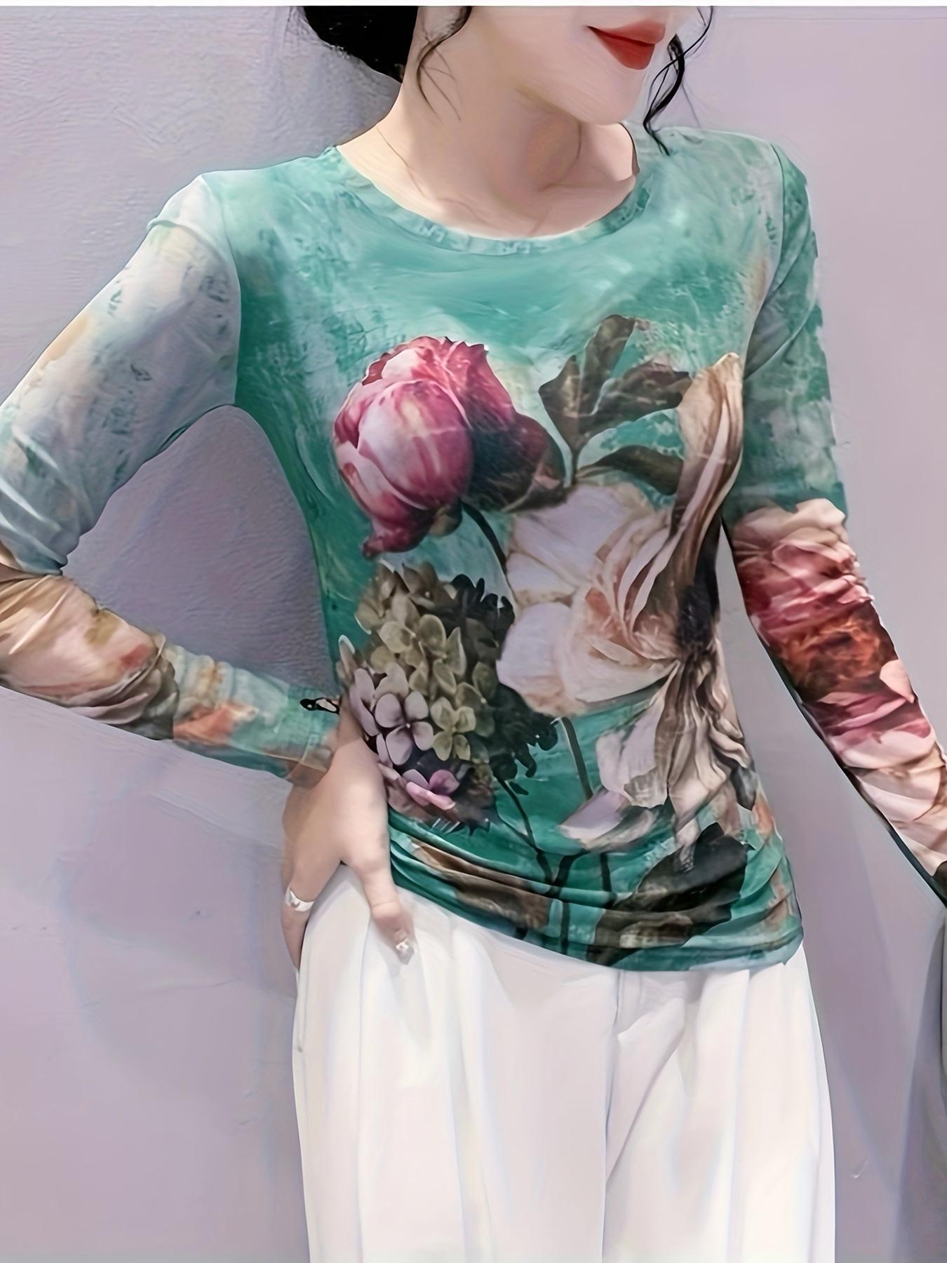 

Футболка с цветочным принтом и круглым вырезом, Элегантный облегающий топ с длинным рукавом для весны и осени, Женская одежда XXL разноцветный
