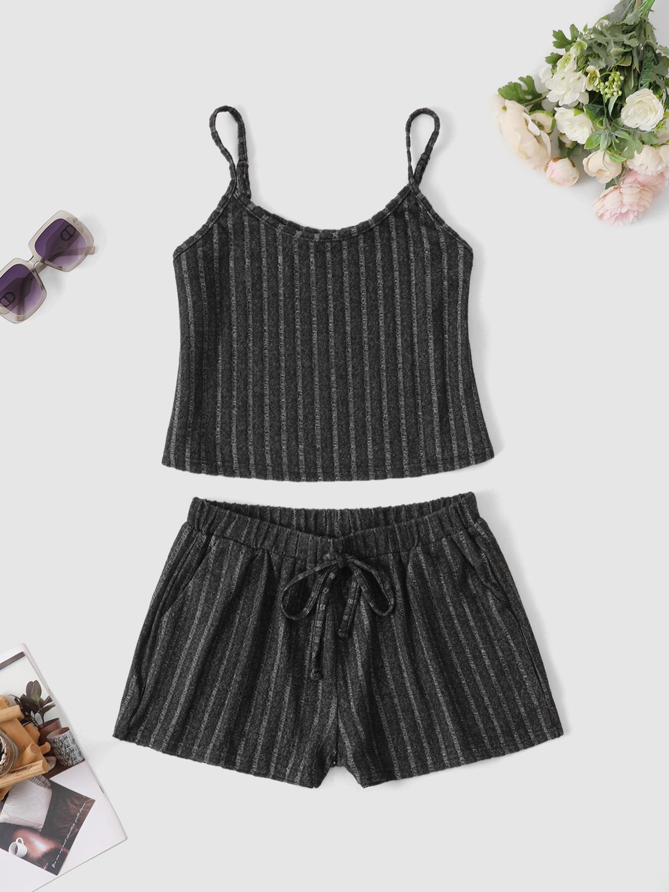2025 Women s Casual Camisole and Tie-Up Shorts Set 2XL темно-серого