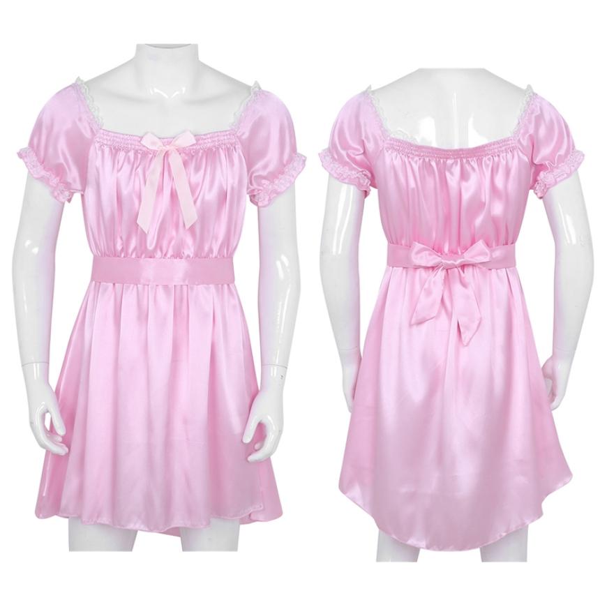 Mens Short Sleeve Square Neckline Shiny Soft Satin High Low Design Crossdress Lingerie Dress with Sash Nightwear Underwear