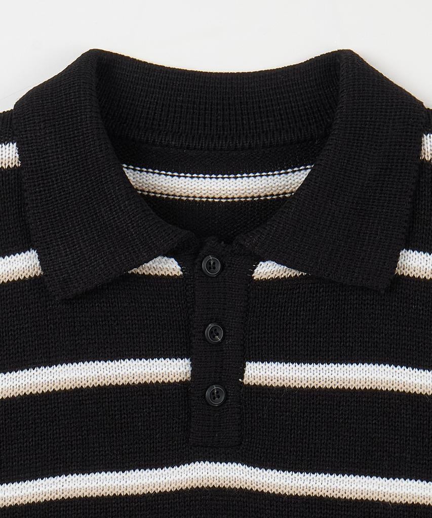 NODU Multi-Color Block Collared Stripe Knit T-Shirt [Black]