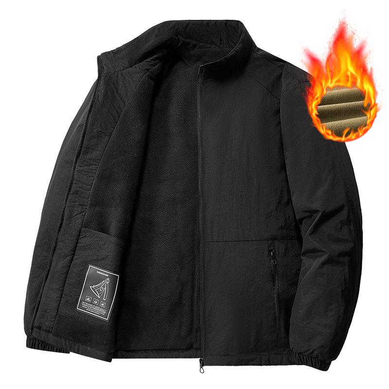 Men's Warm Velvet Jacket - Thick Stand Collar, Windproof, Solid Color Winter Coat for Middle-aged and Young Men.