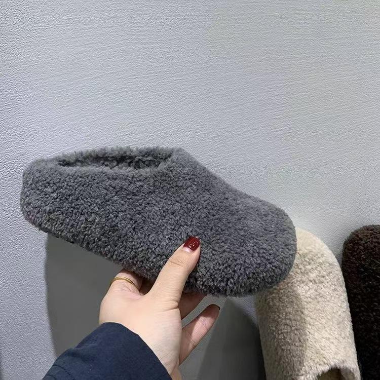 Baotou hairy half slippers women's wear autumn and winter 2025 new one-pedal lamb wool cotton slippers flat bottom