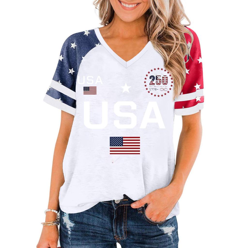 Damen Lässiger V-Ausschnitt Kurzarm Pullover Oberteil USA-Flagge Grafikdruck Leichter Weicher Stoff Lockere Passform T-Shirt