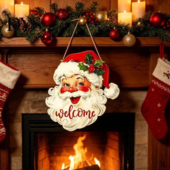 Decorative Wooden Hanging Tags Christmas Sign, 2D Santa Snowman Welcome Door Plaque, Xmas Wall Decorations Ornament, Holiday Decor for Front