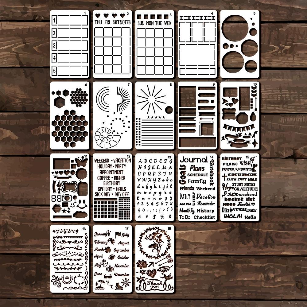 18 Stück Journaling Schablonen Set Vorlage Geometrische Form Buchstaben Schablone Scrapbooking Schablonen zum Malen und Dekorieren Kunststoff