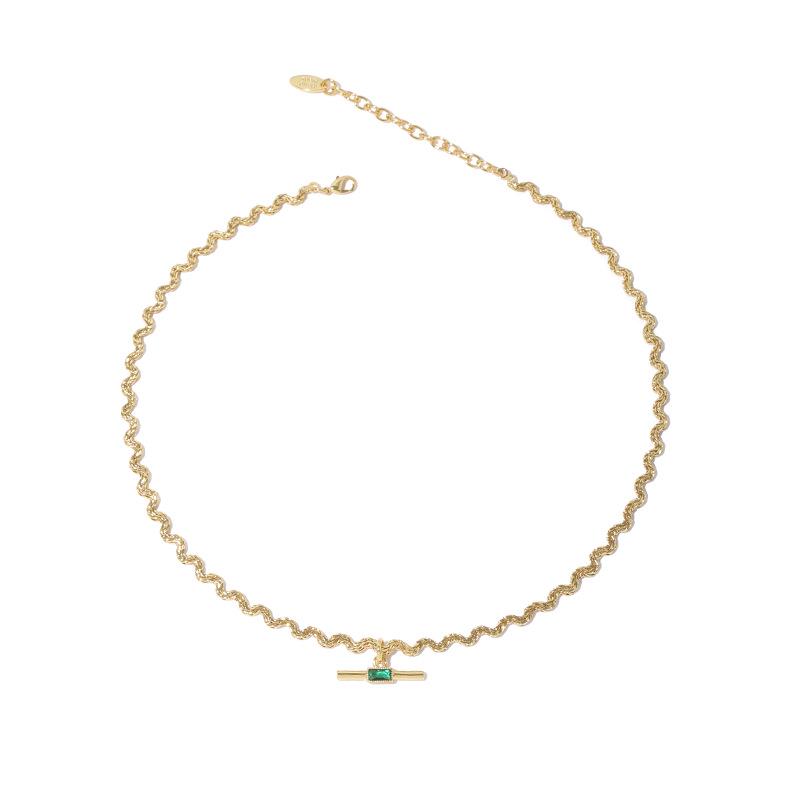 18K Gold Plated Korean Retro Curved Chain Necklace with Emerald Zircon for Women (Autumn/Winter)