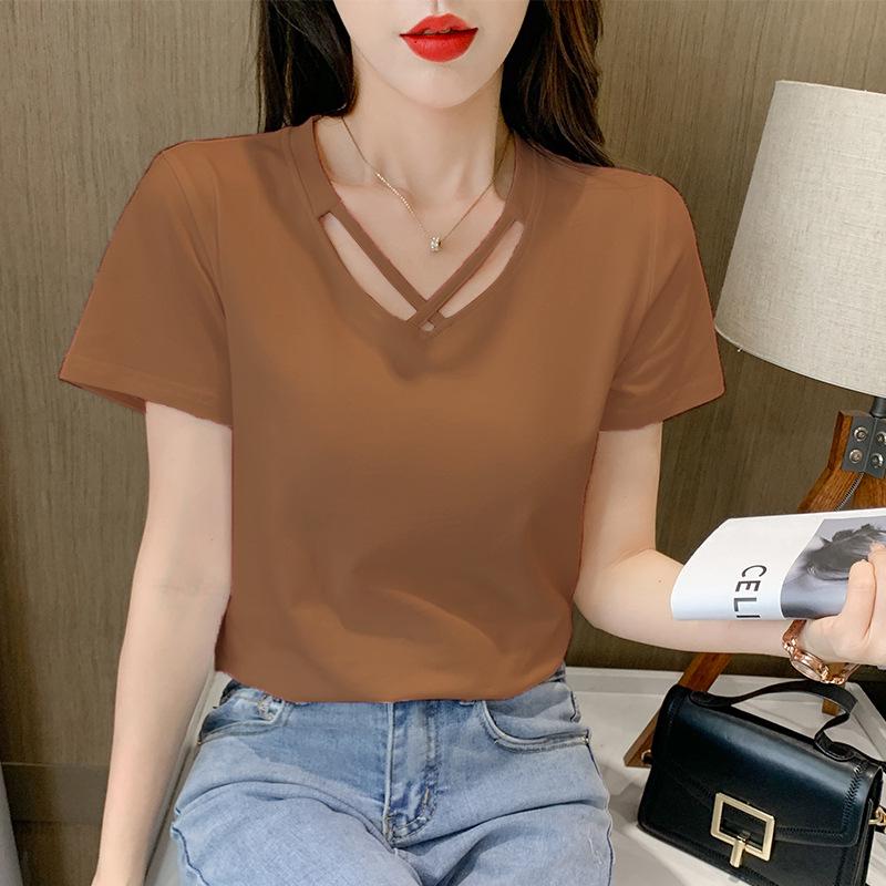 2025 Women's Korean Style V-Neck Short-Sleeve Solid Color T-Shirt