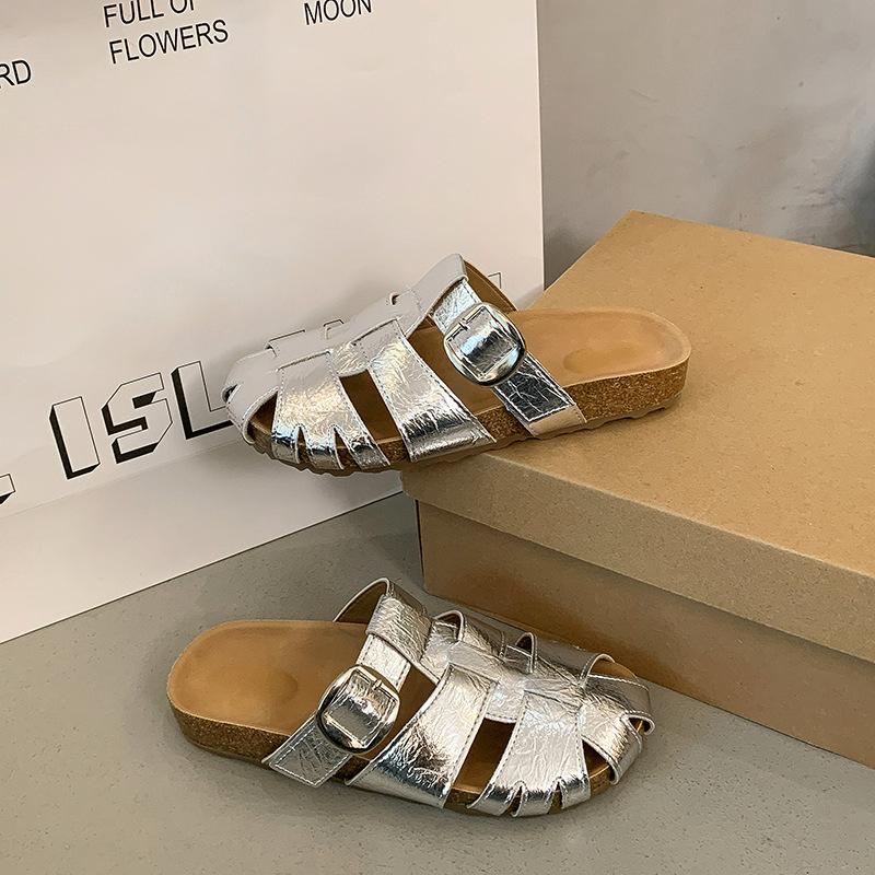 

Баотоу тапочки женские летние для беременных женщин на плоской подошве сандалии-свинки педаль для ленивых людей прилив 40 серебряный