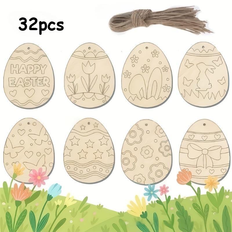 32/16/8pcs Easter Wooden Assorted Colored Egg Shapes, Ornaments, Easter Decorations Easter Holiday Pendants And Hanging Decorati