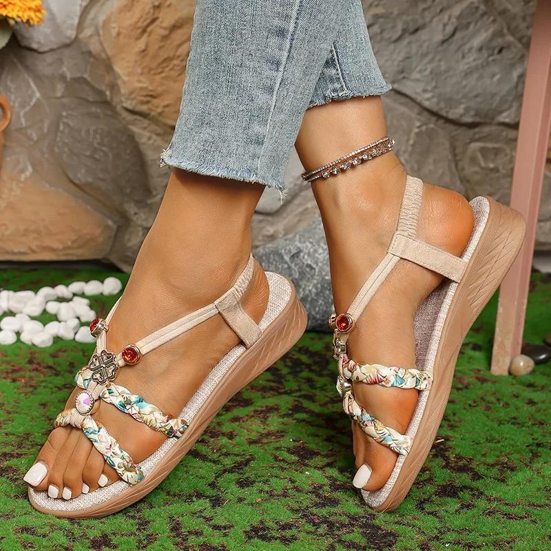 Fashion Women's Sandals Bohemian Style Woven Flats Sandals Women Summer Non Slip Beach Sandles Woman Open Toe Soft Bottom Rome Shoes New