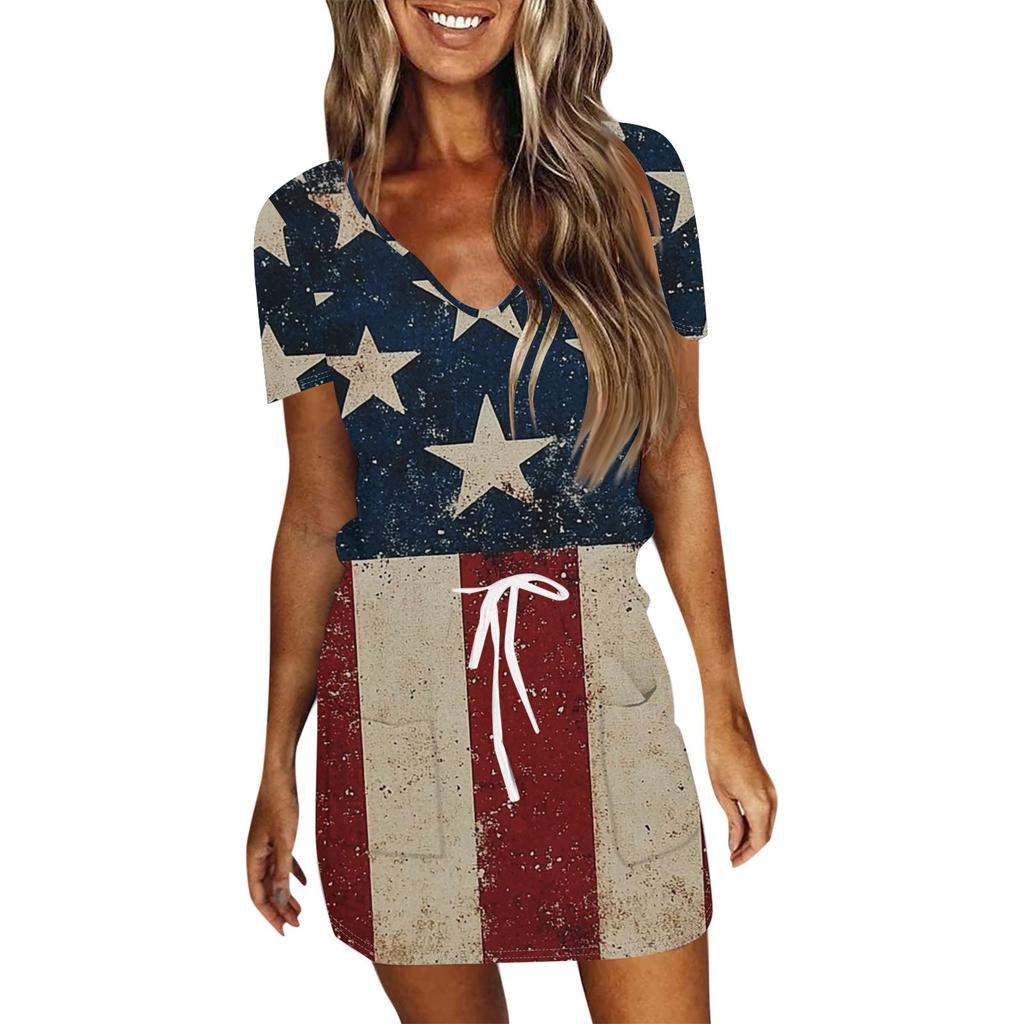 Women's Casual V-Neck Short Sleeve Drawstring Independence Day Printed Dresses