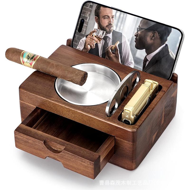 American Style Wooden Cigar Ashtray Box - Solid Wood Drawer Design, Portable Car Ashtray for Cigars, Premium Cigar Accessory