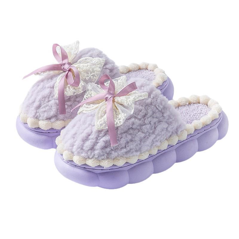 Women's Non-slip Fur-lined Lace Bow Cotton Slippers for Outdoor or Home Wear In Autumn/Winter, Postpartum Warm Comfort with Thick Sole