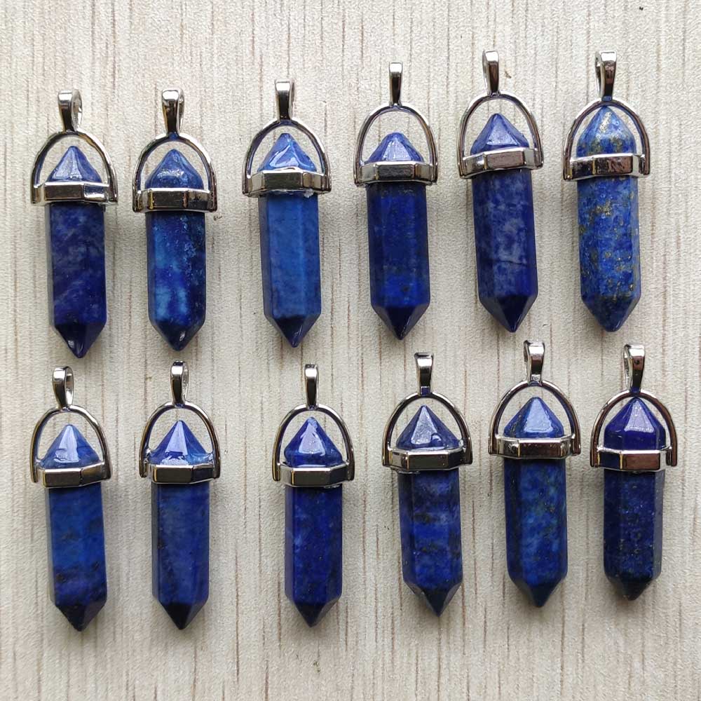 Natural stone quartz aventurine lapis crystal hexagonal pillar Pendants for Jewelry accessories 12pcs