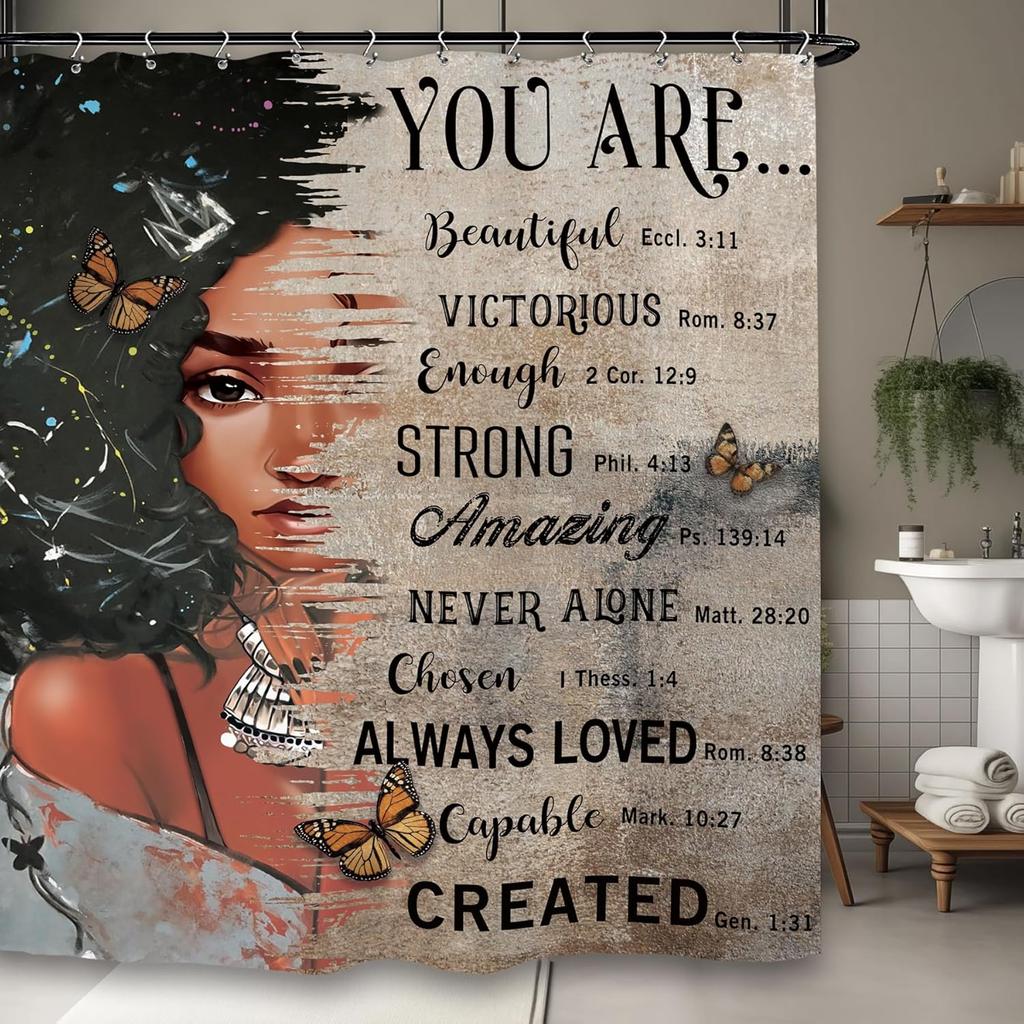 African American Olive Green Shower Curtain Black Girl Flower Oil Painting Art Bathroom Accessories Decoration with 12 Hooks
