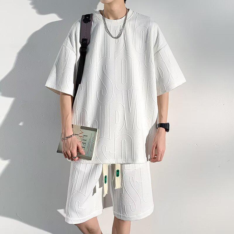 Men's Summer Letter Jacquard Short-Sleeve Sports Suit - Two-Piece Set