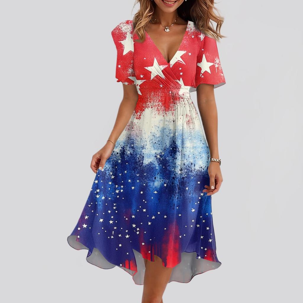 Kadın Bol Kesim Günlük V Yaka Kloş Etek Kısa Kollu Baskılı Elbise Baskılı Elbise