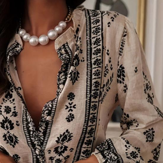 Women Shirt Ruffle Trim Neckline Long Sleeve Imitation Pearl Buttons Shirt Tops Spring Summer