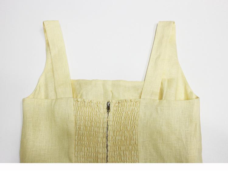 In Stock: 2025 Summer Yellow Linen Square Neck Mid-Length French Vacation Dress