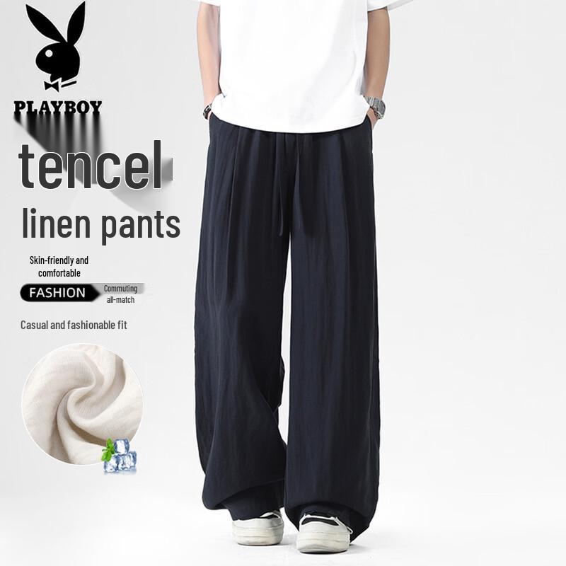 PLAYBOY Men s Summer Thin Tencel Linen Loose Wide-Leg Casual Pants 3XL