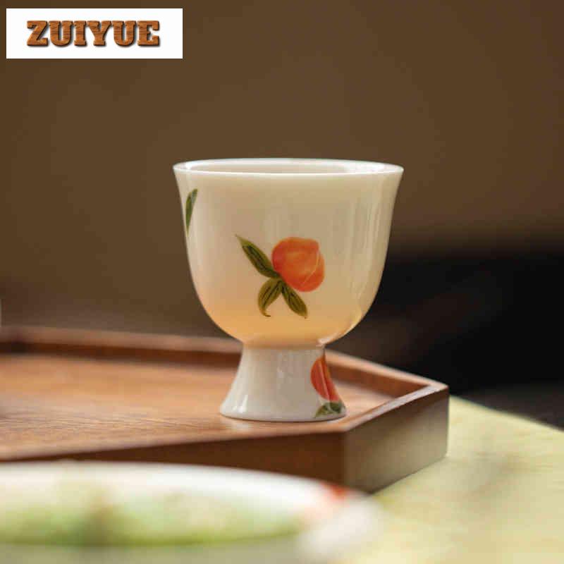 2pc/lot Hand-painted Peach High Foot Teacup Elegant Tea Bowl Jug Tea-tasting Fragrance Cup Chazhan Master Cups Tea Items 70ml